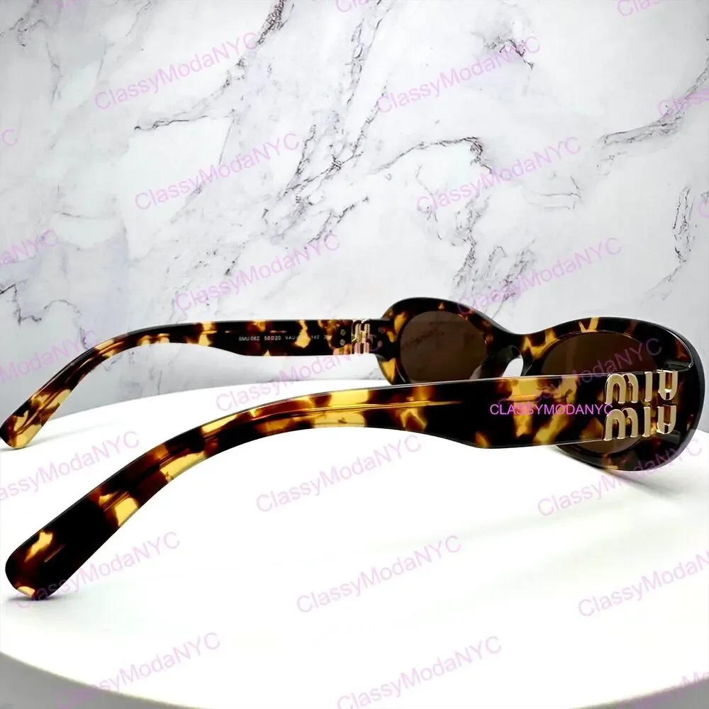 NEW MIU MIU Sunglasses Brown Oval Gold Spelled Out Logo New Authentic Tortoise